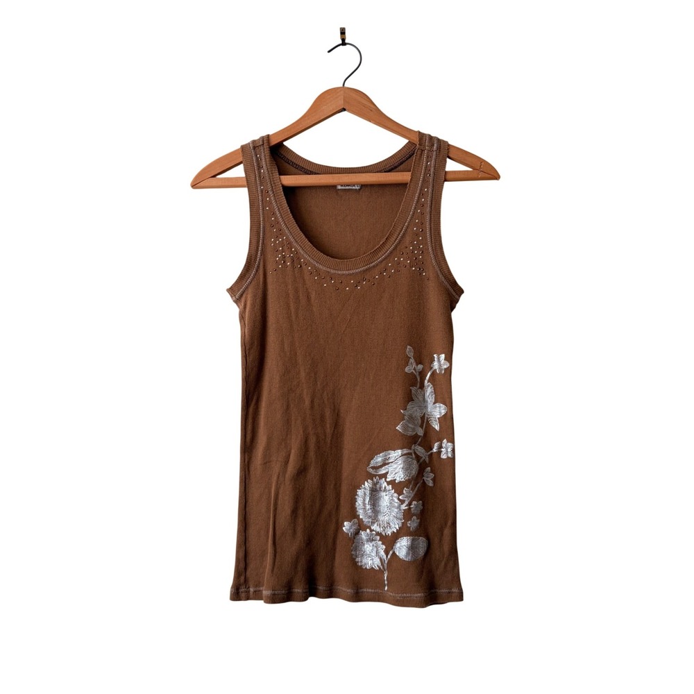 One World Y2K Fairy Grunge Metallic Floral Tank Top L Boho Earthy Indie